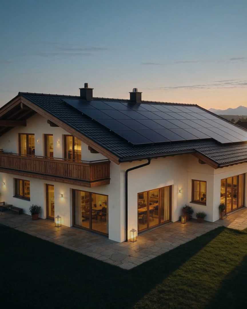 Das Haus in der Dämmerung, die Fenster sind hell erleuchtet