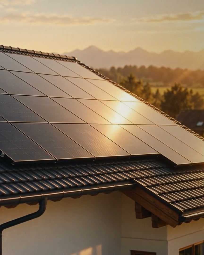 Solarmodule auf einem Ziegeldach im warmen Mittagslicht