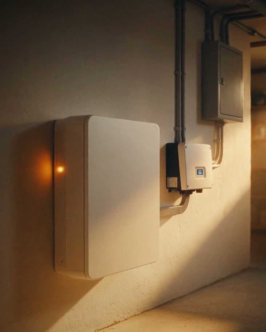 Ein flacher Batteriespeicher an der Kellerwand, daneben der Wechselrichter
